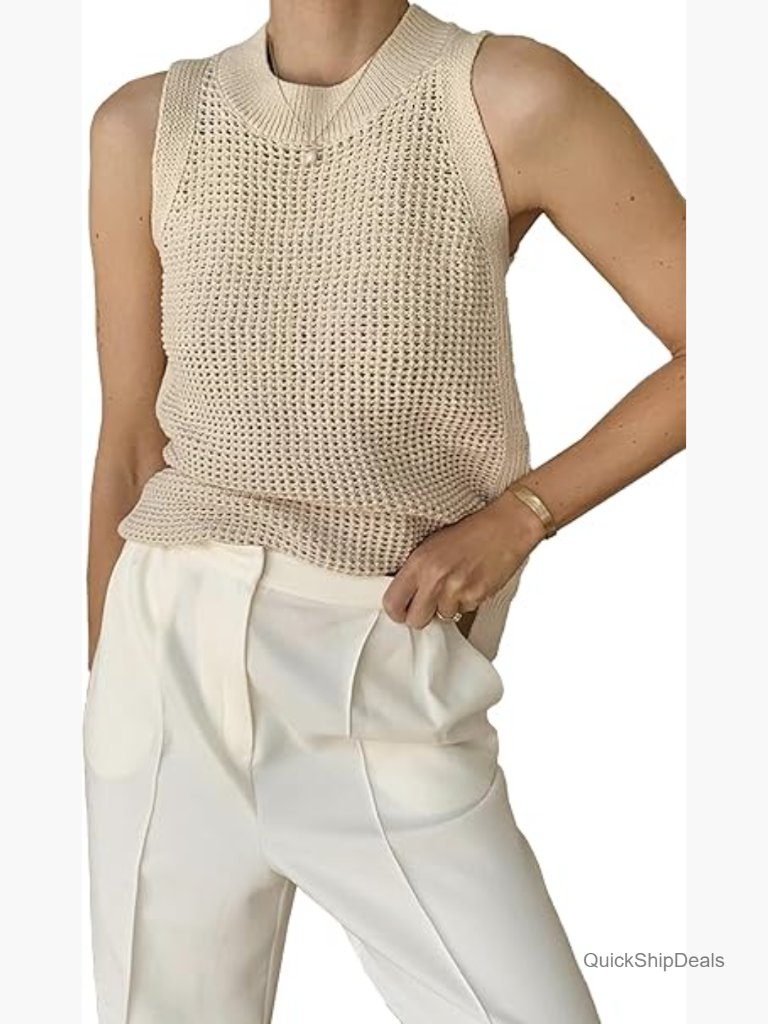 Sleeveless Crochet Knit Tank Top - Hollow Out Summer Cami Shirt